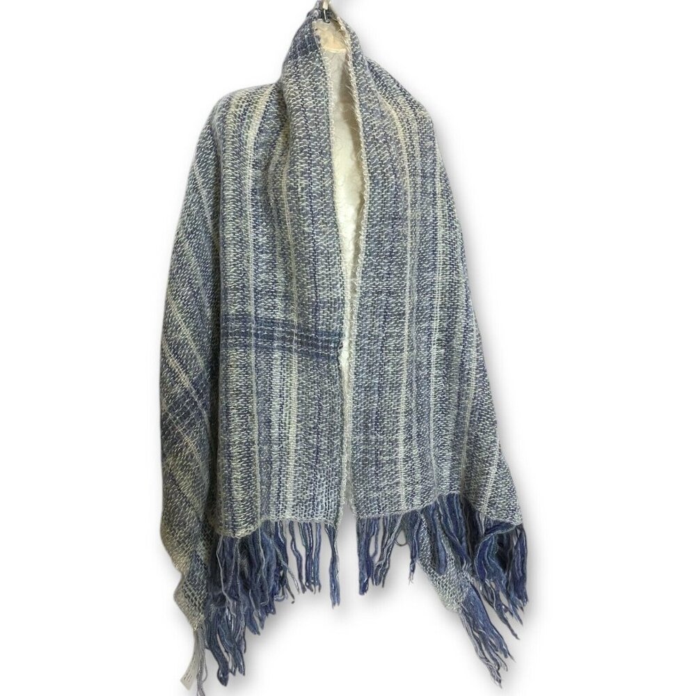 New VTG 82" Hand Woven Mohair & Wool Fringed Striped Sweater Wrap Cool Blue